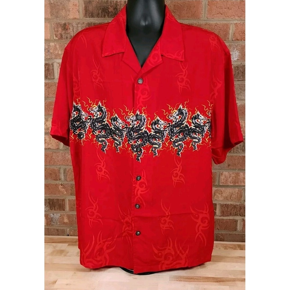 C-Two‎ Short Sleeve Button Up Shirt Mens XL Y2K 90s Red Dragons